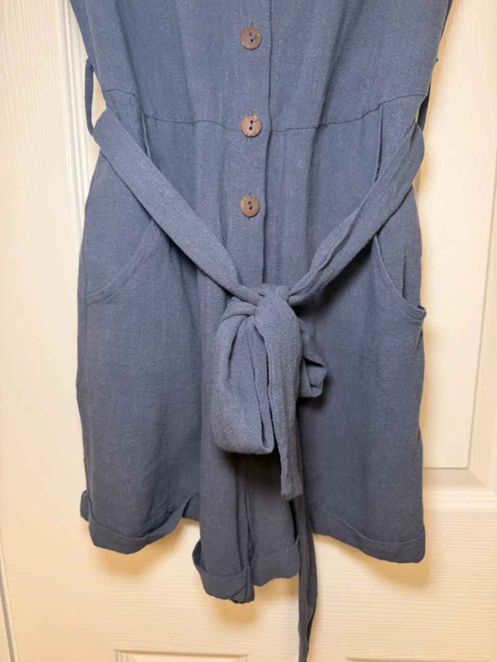 VICI Linen Blend Romper Blue Button Front Tie Waist Pocketed Boho Summer Small - Picture 5 of 11